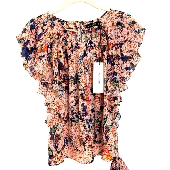 NWT Karen Millen Women’s 2 Pop-up Ruffles Georgette Top Watercolor Floral Print - Picture 4 of 8